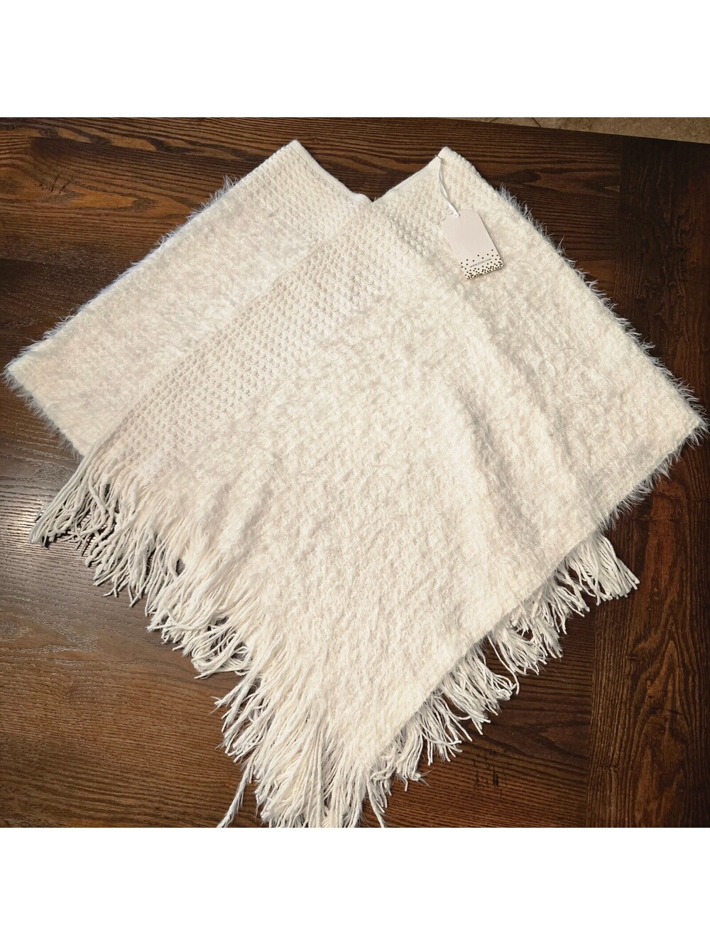 2 Chic Women’s Ivory Fuzzy Knit Poncho Fringe Boho Sweater Cape NWT